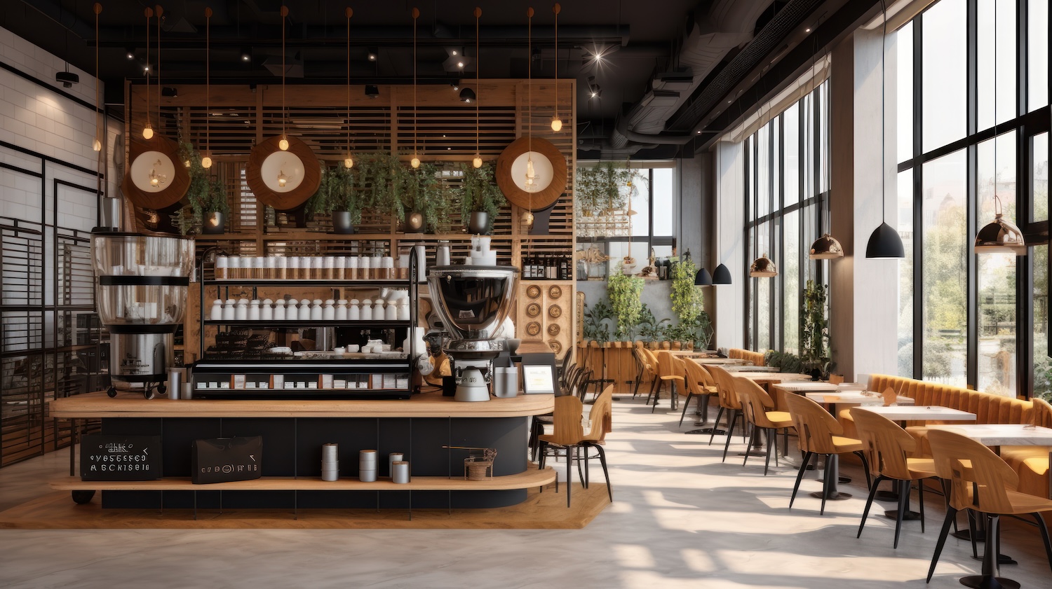 Modern corporate company restaurant with food service counters during lunch