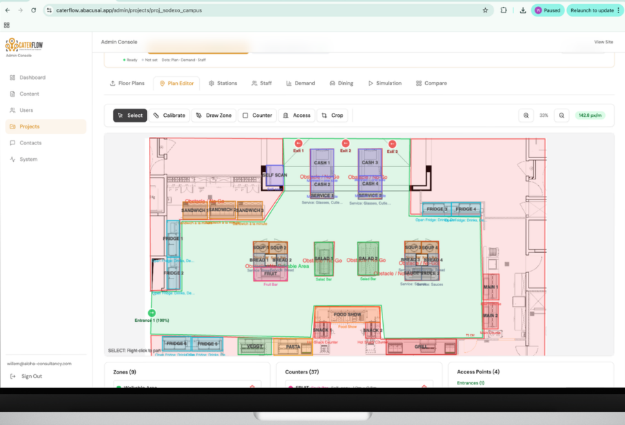 CaterFlow plan editor showing counter placement, walkable zones, and access points on a digitized floor plan